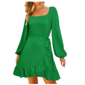 Women's Square Neck Lantern Long Sleeve Tie Waist Dress